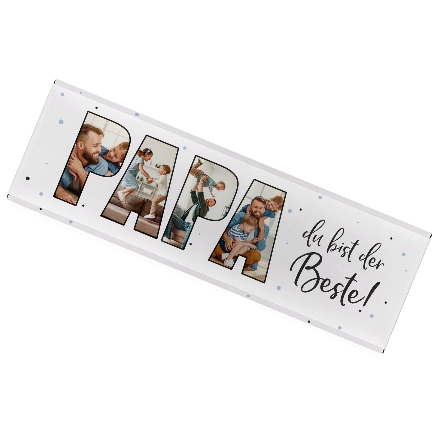 Freigestellte Schokoladentafel für Papa mit Foto-Design und Schriftzug „Du bist der Beste!“