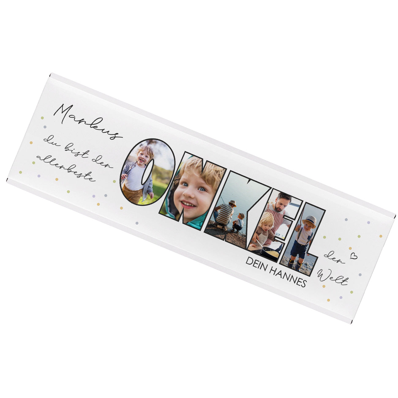 Freigestellte XXL-Schokolade „ONKEL“ mit fünf Fotos und personalisiertem Namen