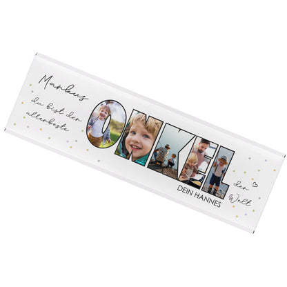 Freigestellte XXL-Schokolade „ONKEL“ mit fünf Fotos und personalisiertem Namen