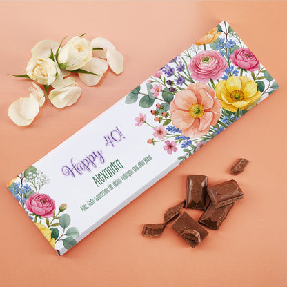 XL Schokolade mit Blumenmotiv und Wunschtext Happy 40 als Geburtstagsgeschenk für Frauen