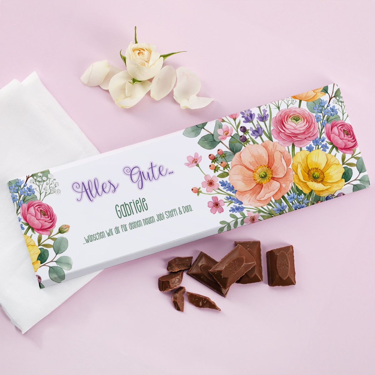 Personalisierte Schokolade mit Blumenmotiv, Gratulation, Name Laura und Wunschtext zur bestandenen Prüfung