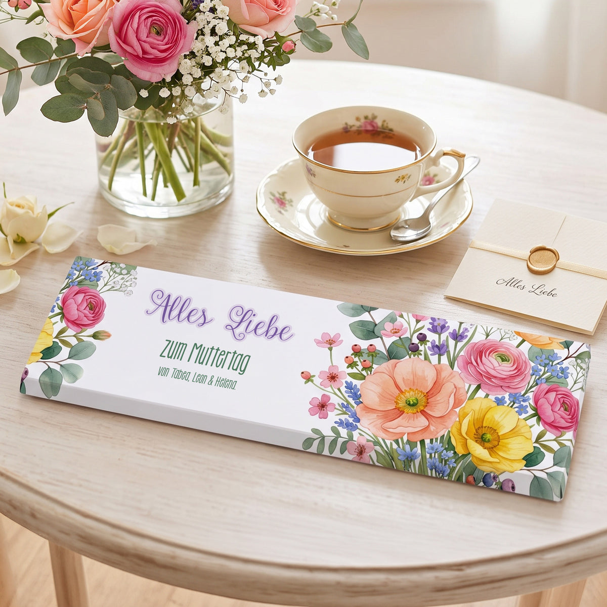 XL Schokolade mit Blumenmotiv und persönlichem Alles Gute Text für neuen Job