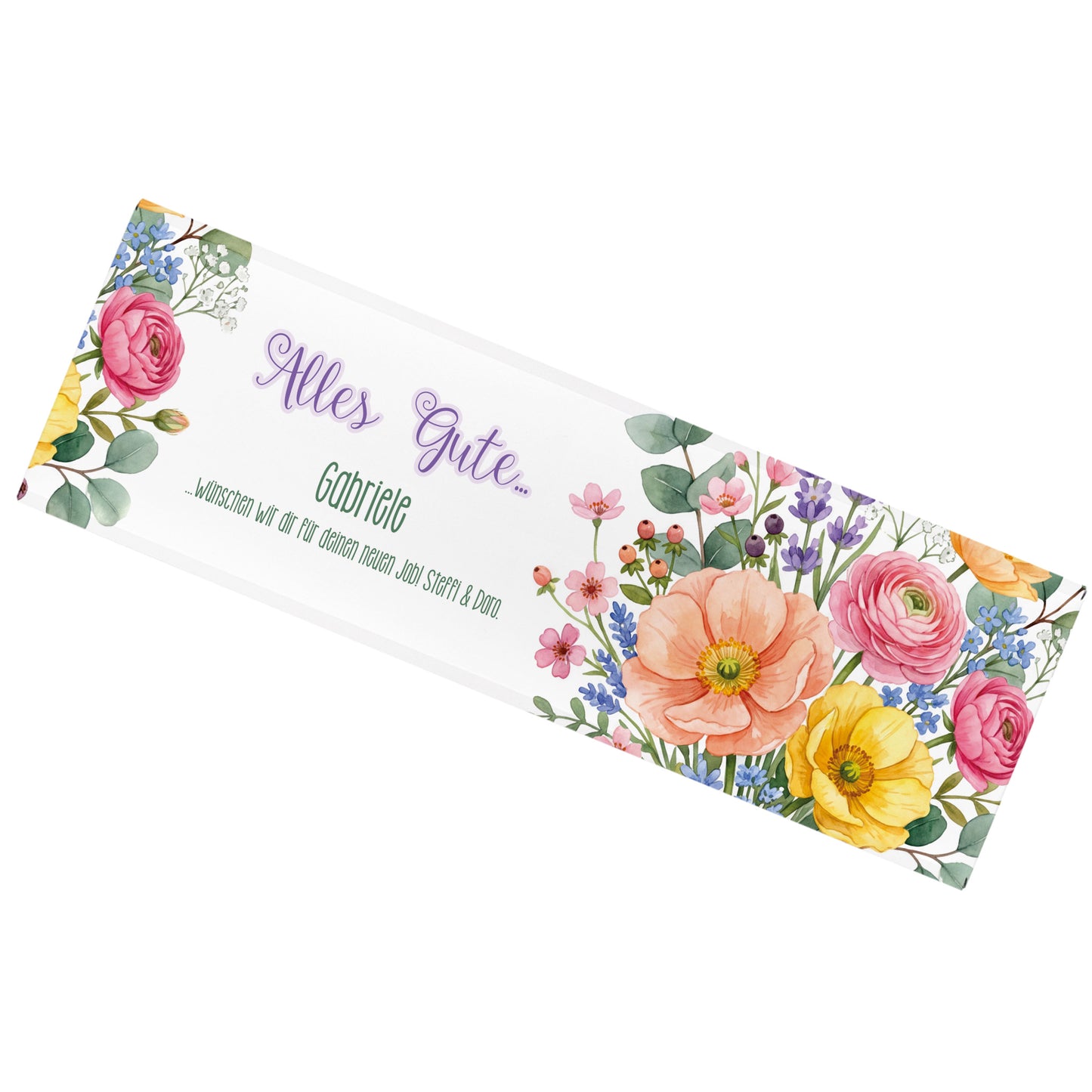 Personalisierte 300 g Schokolade mit Blumenmotiv, Alles Gute, Name Gabriele und Wunschtext