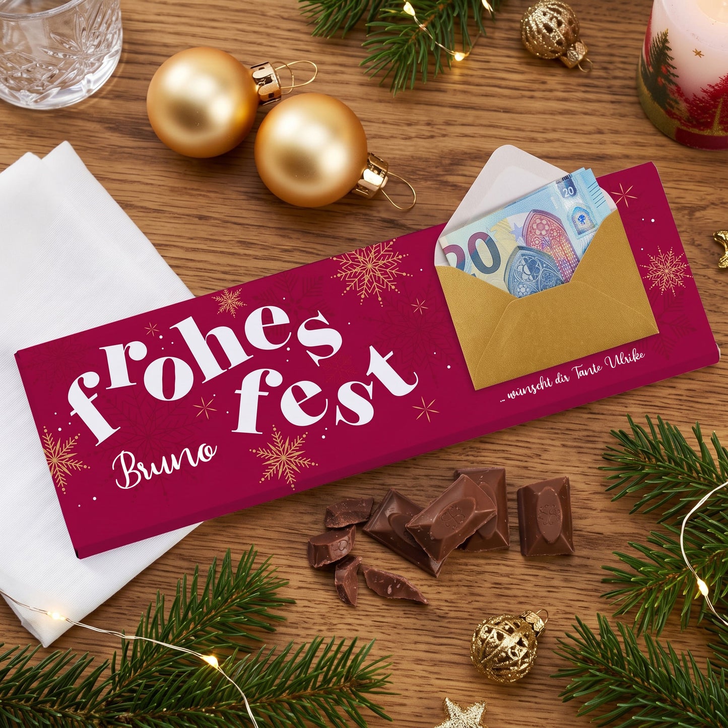 XL Schokolade zu Weihnachten mit Geldumschlag & Wunschtext personalisiert | Geld Geschenk fürs Fest