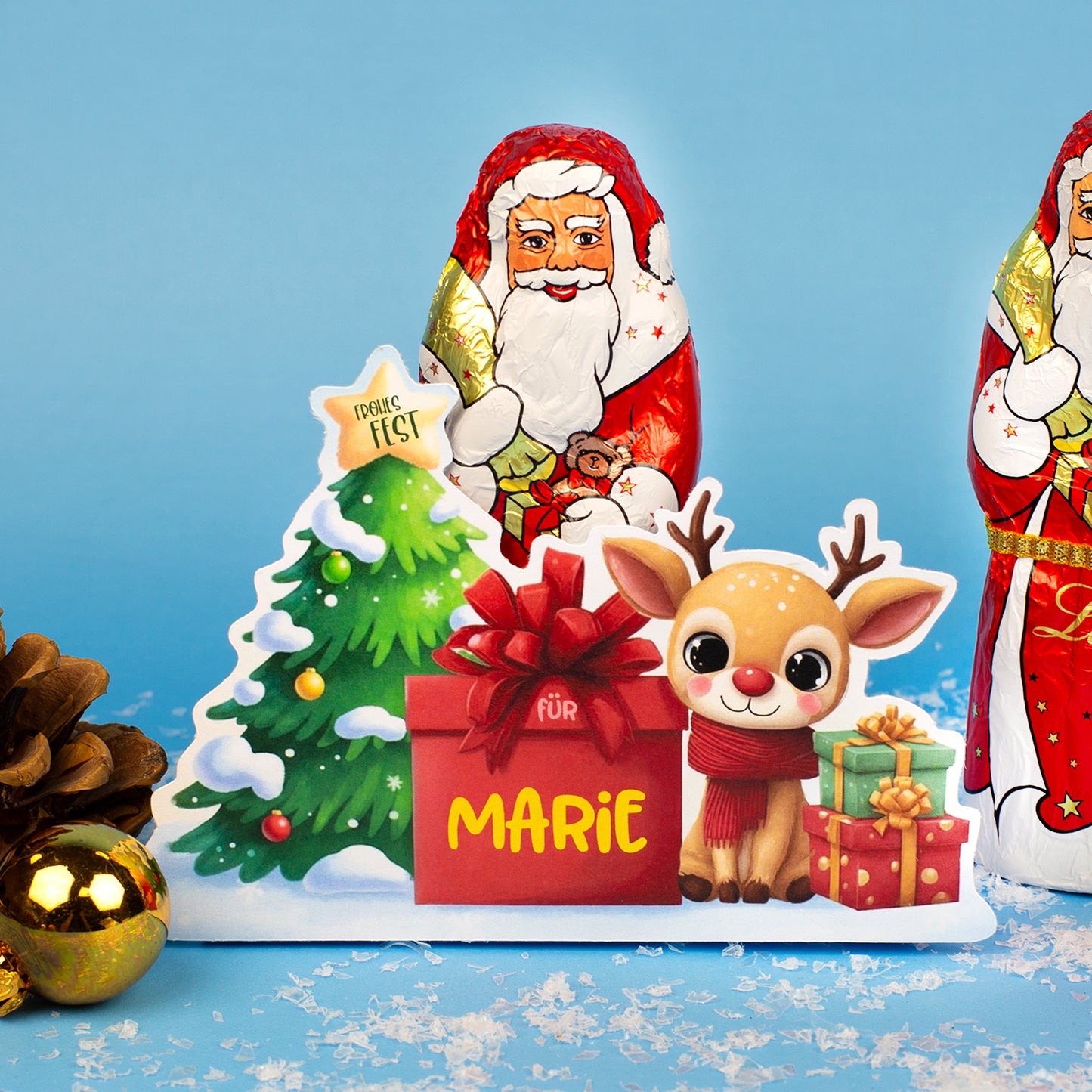 Nahaufnahme der Geschenkverpackung mit Lindt Nikolaus und personalisiertem Namen „Marie“
