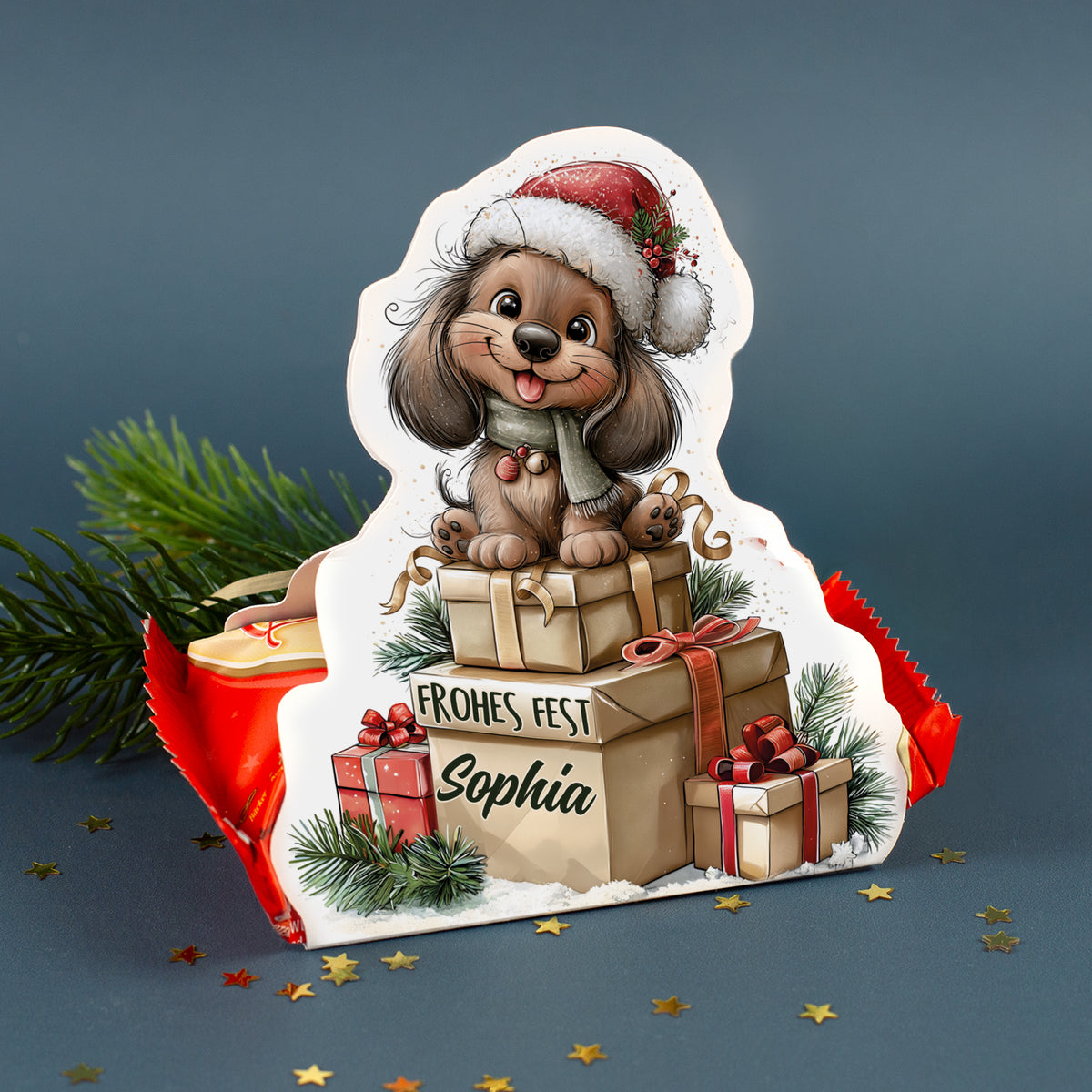 Personalisierter Mini Stollen mit Dackel Motiv, Name Sophia und Schriftzug Frohes Fest zu Weihnachten