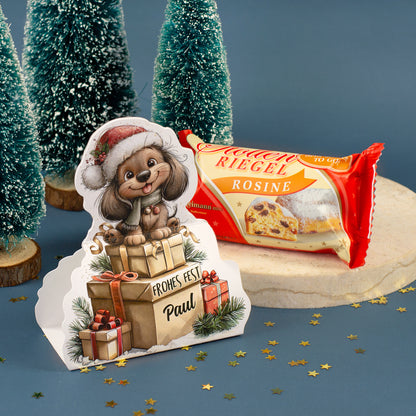 Mini Stollen mit Weihnachtsdackel und Name Paul als kleines Weihnachtsgeschenk