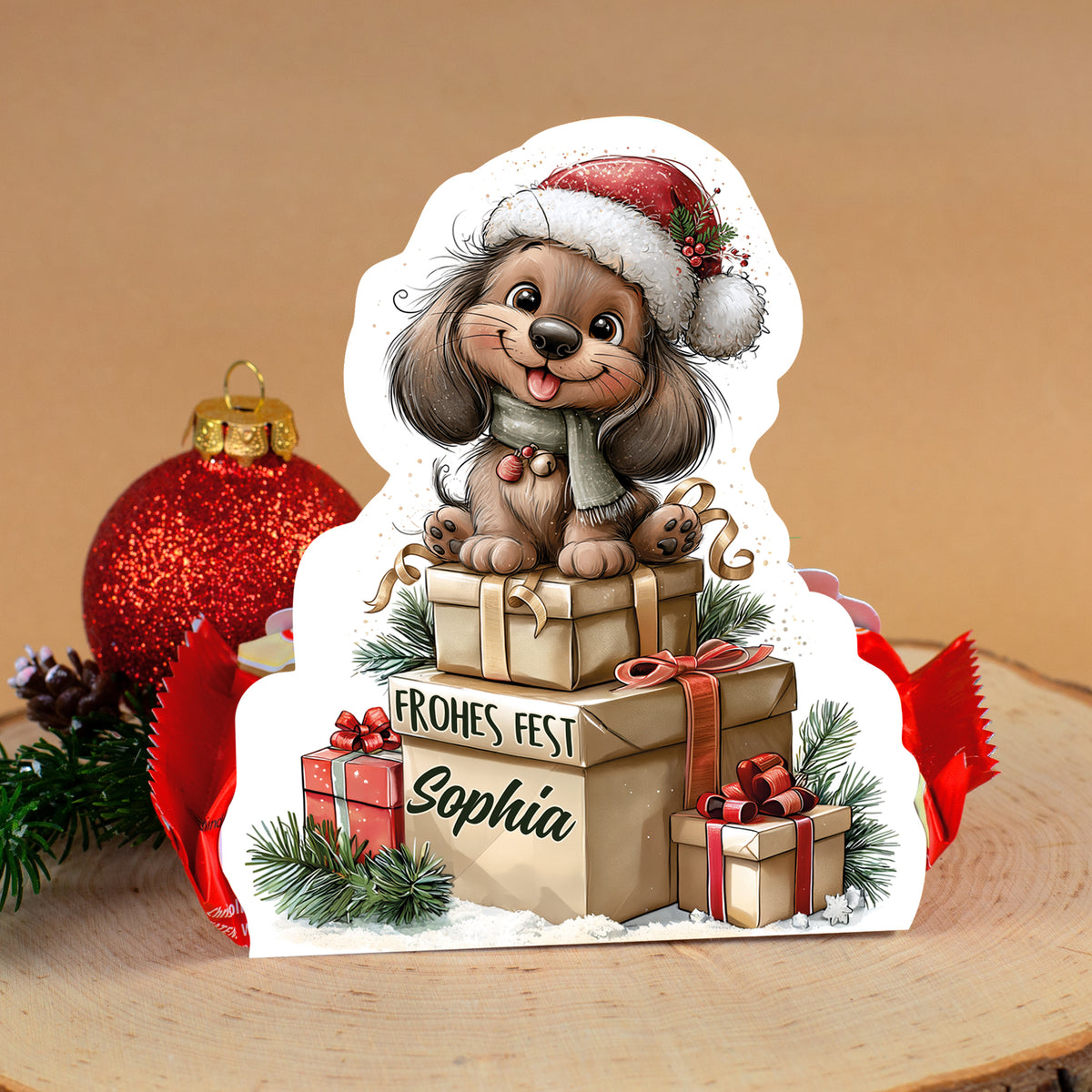 Personalisierter Weihnachts Mini Stollen mit Dackel auf Geschenken und Name Sophia
