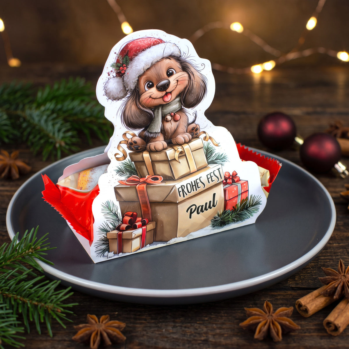 Mini Stollen mit Dackel Motiv und Name Paul als Weihnachtsgeschenk auf festlicher Tafel