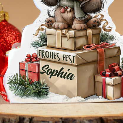 Detailansicht der personalisierten Geschenkverpackung mit Frohes Fest und Name Sophia