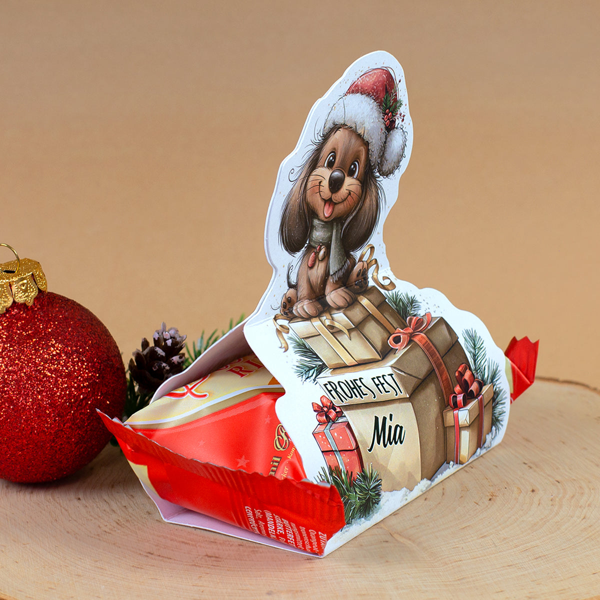 Seitenansicht der personalisierten Mini Stollen Geschenkverpackung mit Dackel Motiv
