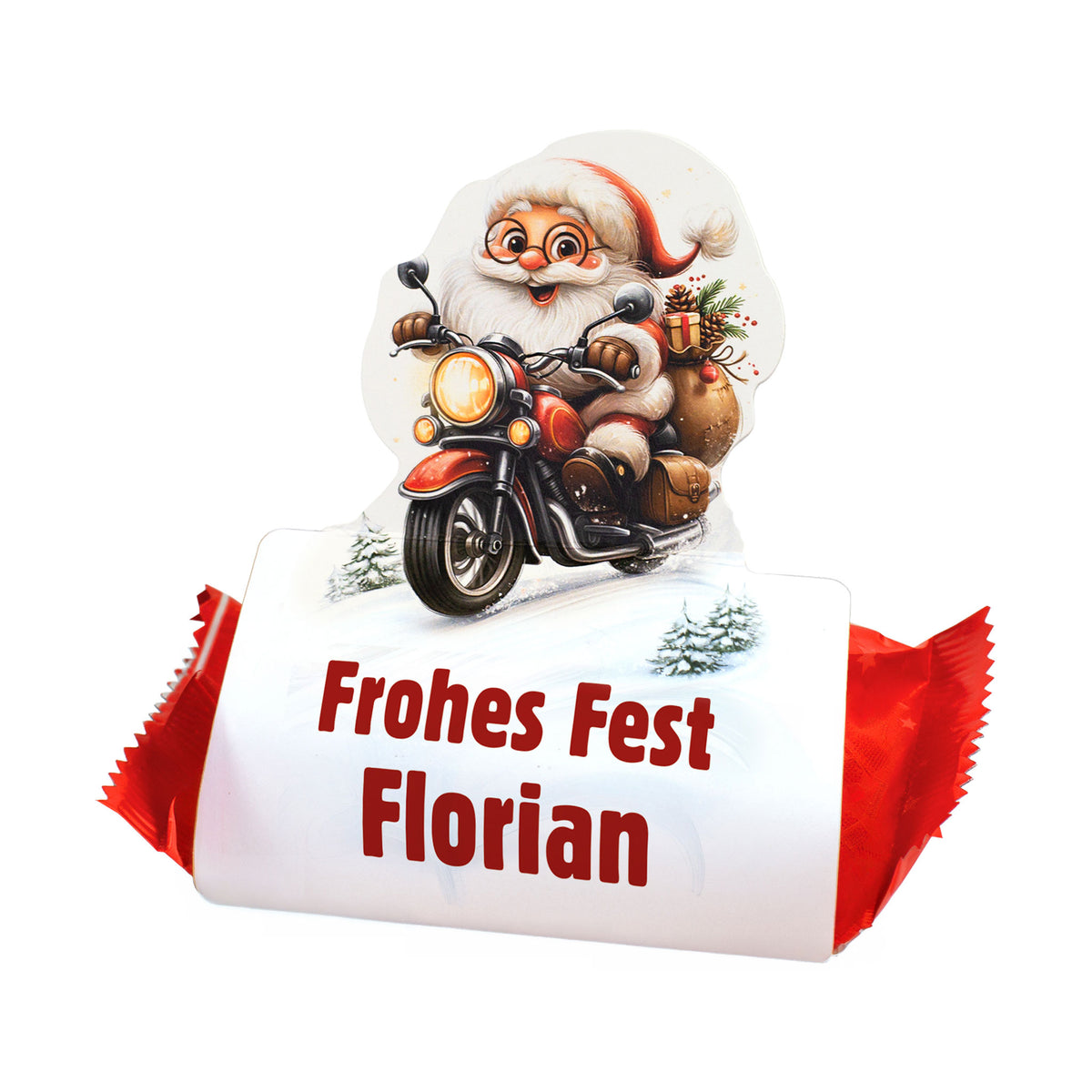 Freigestellter Mini-Stollen mit Geschenkverpackung „Frohe Weihnachten Maximilian“ und Weihnachtsmann auf Motorrad