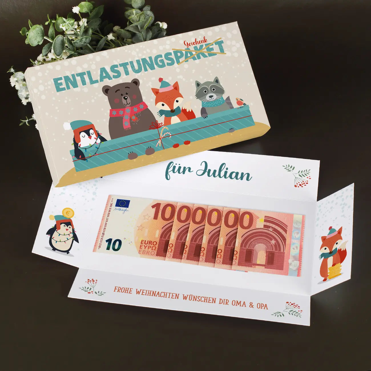 Explosionsbox mit Beispiel für Geldgeschenk