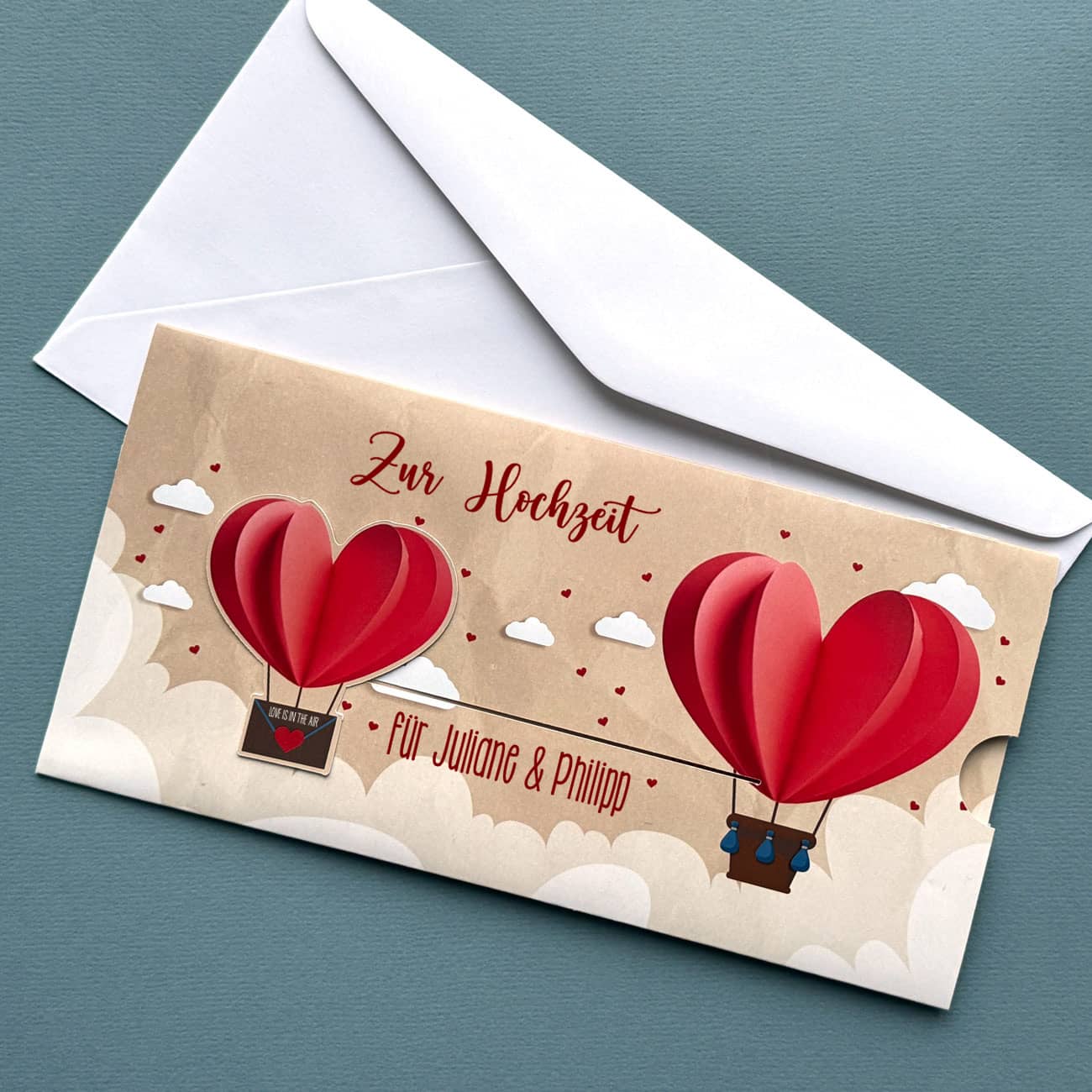 Gutschein-Ziehkarte zur Hochzeit mit Ihrem Text & vielen Herzen