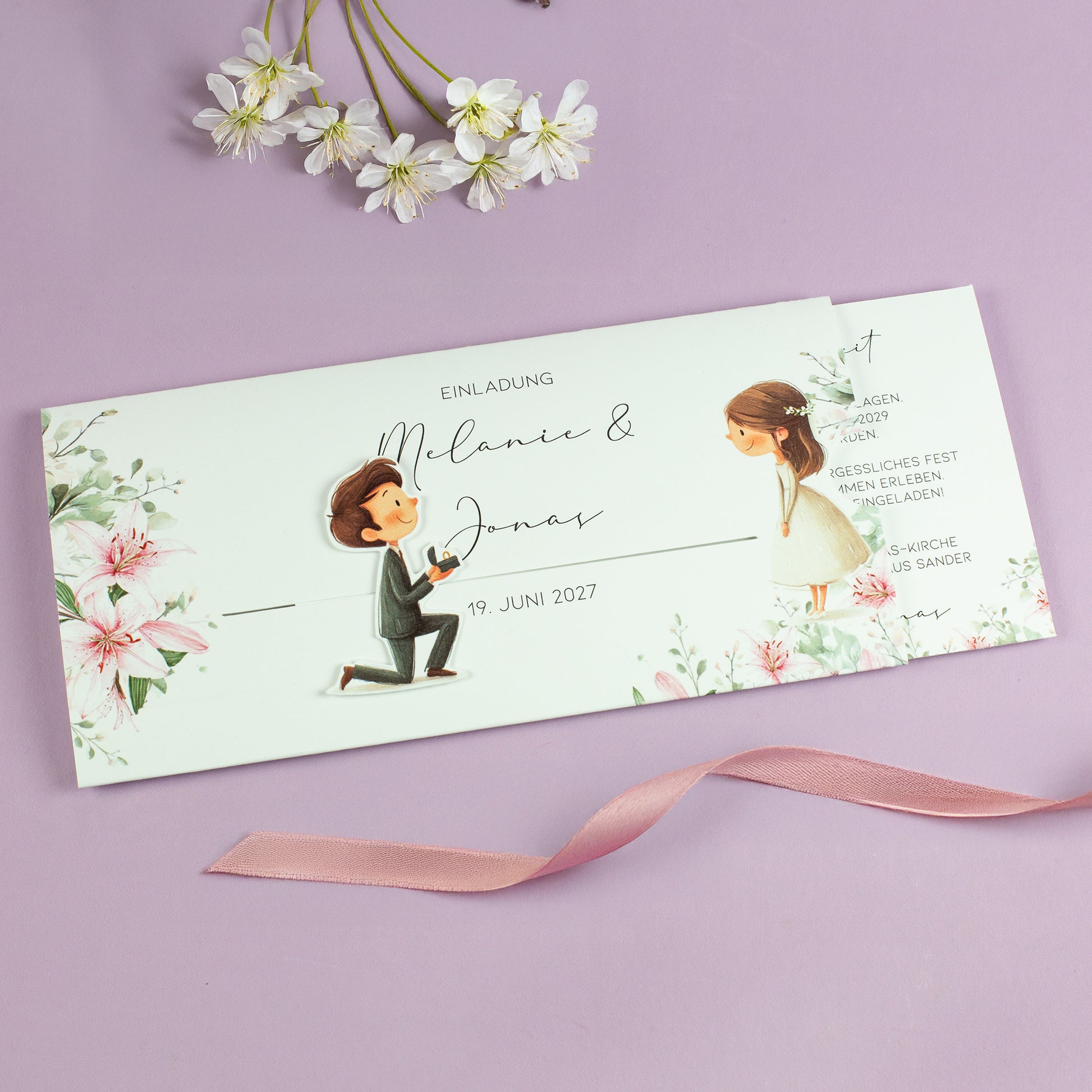 Ziehkarte Hochzeit mit gezogenem Innen-Mechanismus – Junge kniet mit Ring, Text sichtbar