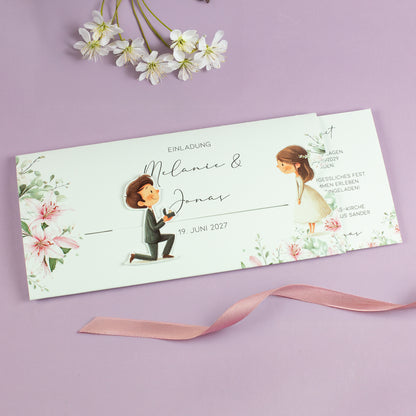 Ziehkarte Hochzeit mit gezogenem Innen-Mechanismus – Junge kniet mit Ring, Text sichtbar