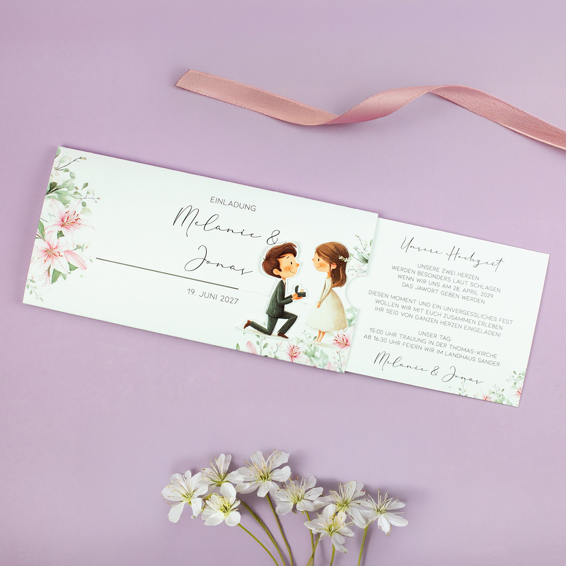 Ziehkarte Hochzeit im geöffneten Zustand – interaktiver Effekt mit beweglicher Figur