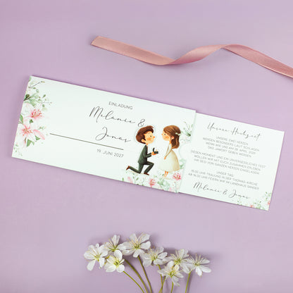 Ziehkarte Hochzeit im geöffneten Zustand – interaktiver Effekt mit beweglicher Figur