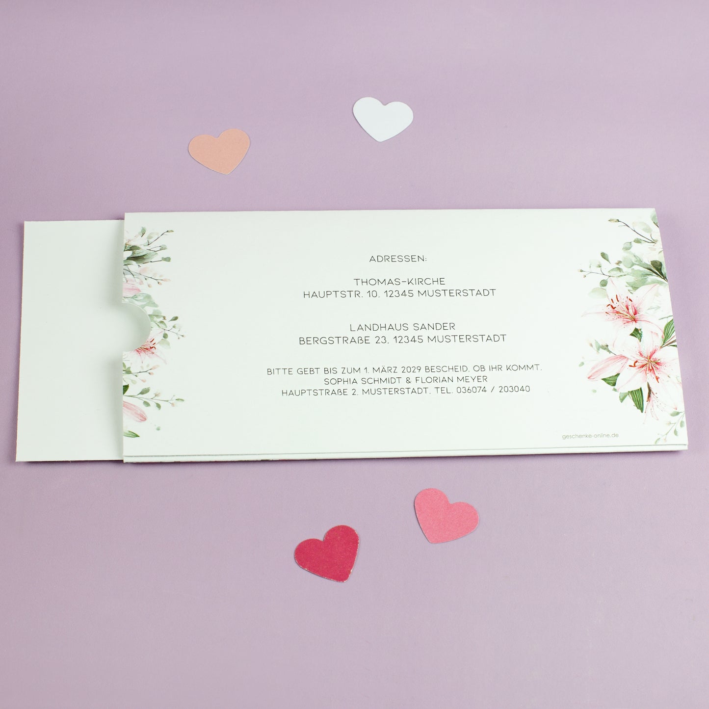 Rückseite der Ziehkarte Hochzeiteinladung – weißer Druckbereich für Text