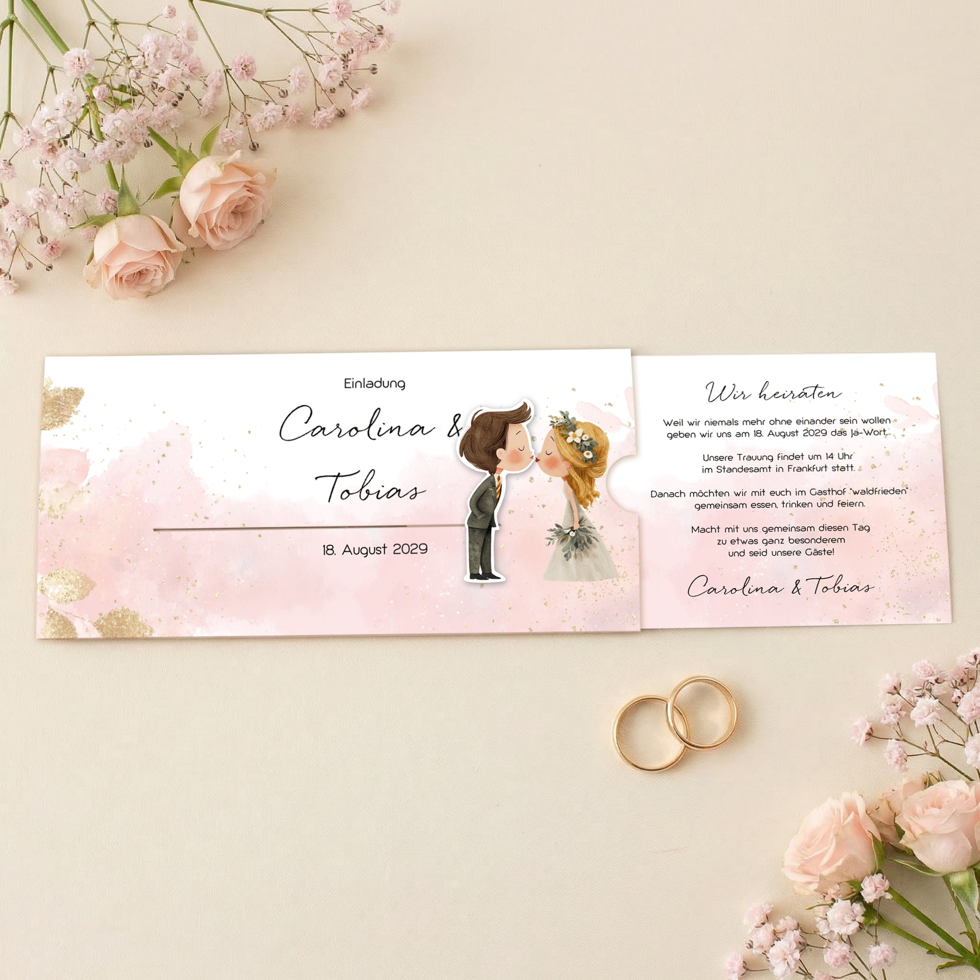 Effektkarte Hochzeit komplett geöffnet, bewegliches Brautpaar Motiv beim Kuss sichtbar