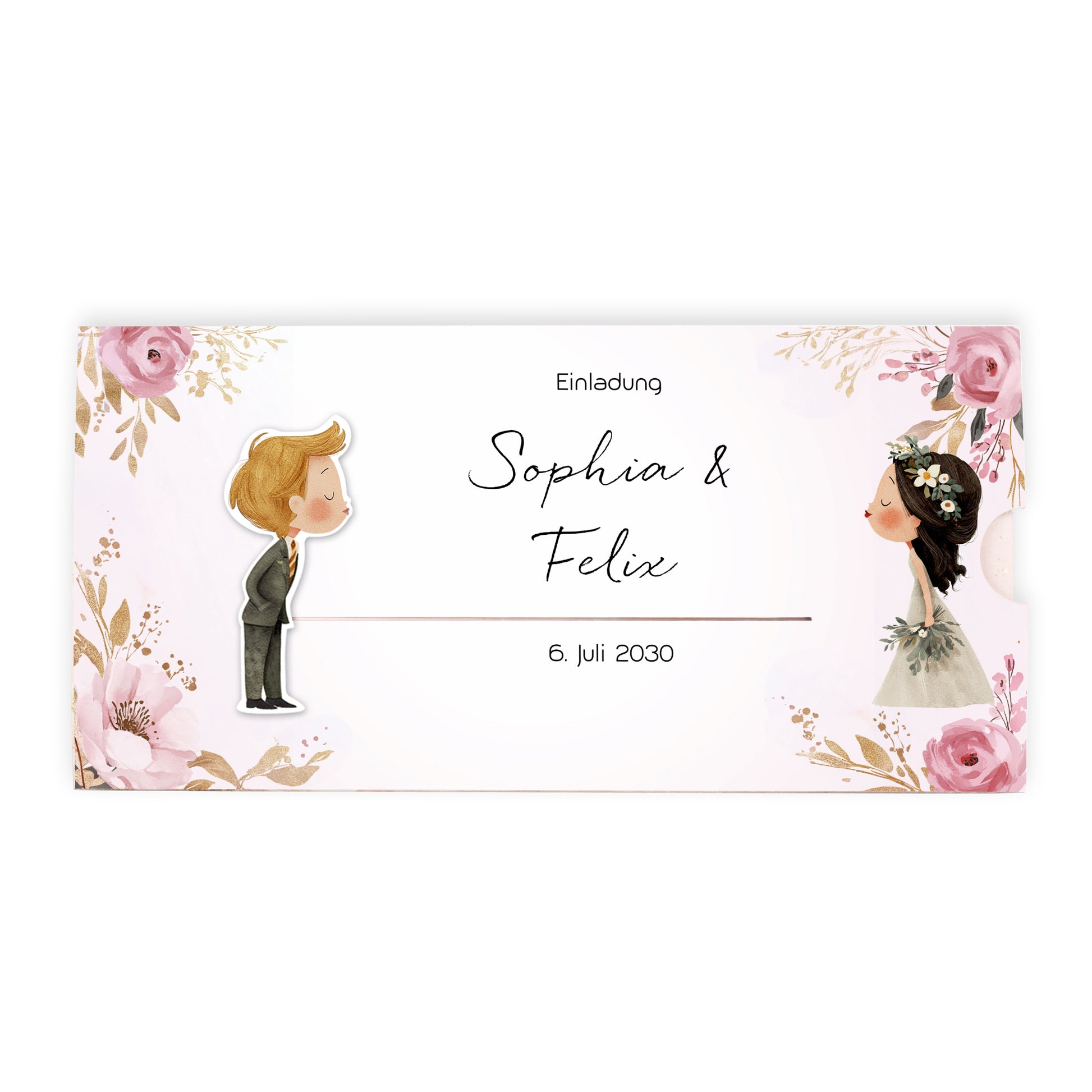 Ziehkarte Hochzeitseinladung in weißer Ansicht geschlossen, Kussmotiv auf der Vorderseite