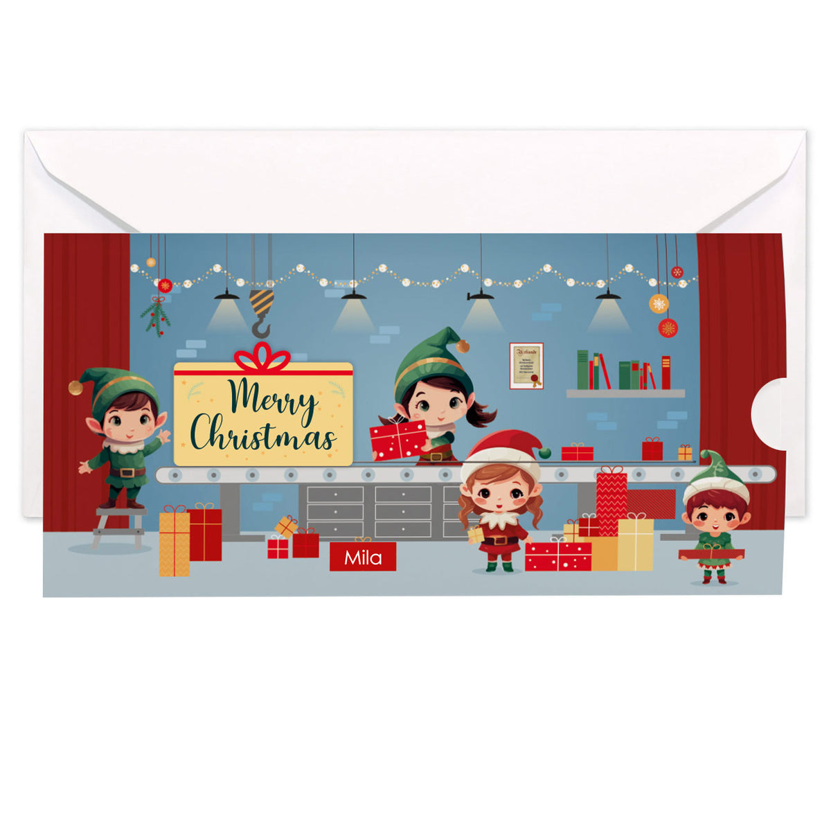 Ziehkarte mit Wichtelwerkstatt & Wunschtext - Karte für Geldgeschenk zu Weihnachten mit Umschlag