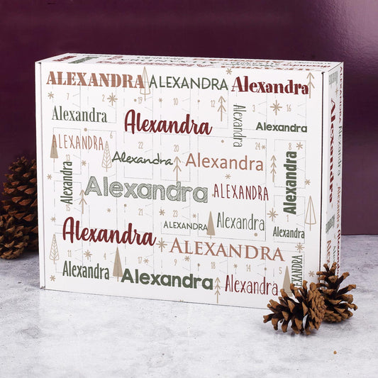 Adventskalender mit Name in verschiedenen Schriftarten bedruckt