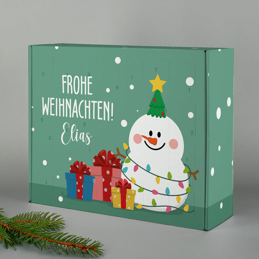 Adventskalender mit Schneemann-Motiv, Geschenken und personalisiertem Namen – Frohe Weihnachten Design