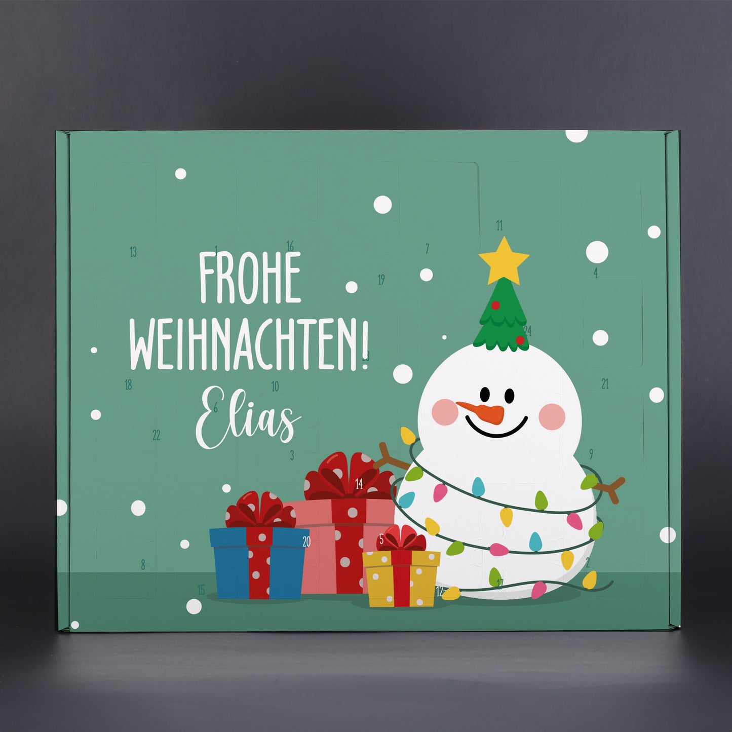 DIY Adventskalender Schneemann-Motiv, Frohe Weihnachten mit Name, grüne Hintergrundfarbe