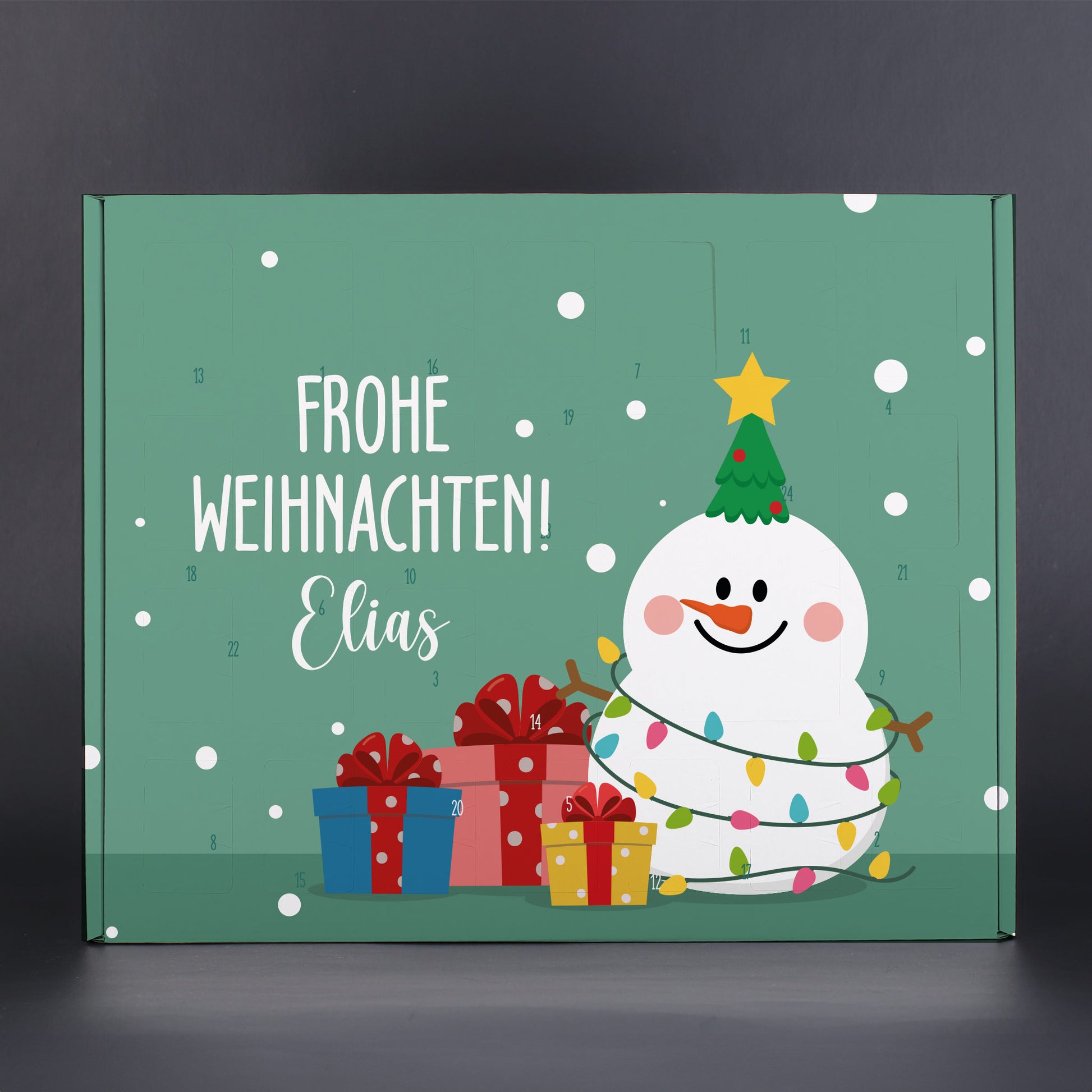 DIY Adventskalender Schneemann-Motiv, Frohe Weihnachten mit Name, grüne Hintergrundfarbe