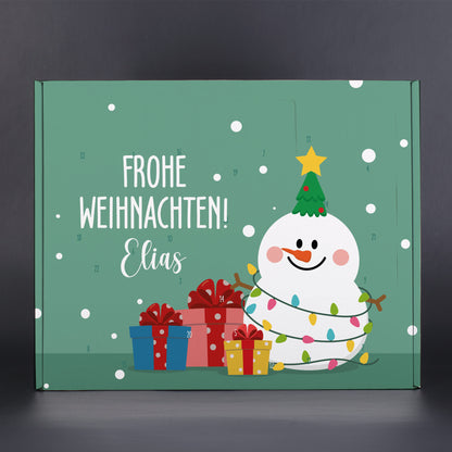 DIY Adventskalender Schneemann-Motiv, Frohe Weihnachten mit Name, grüne Hintergrundfarbe