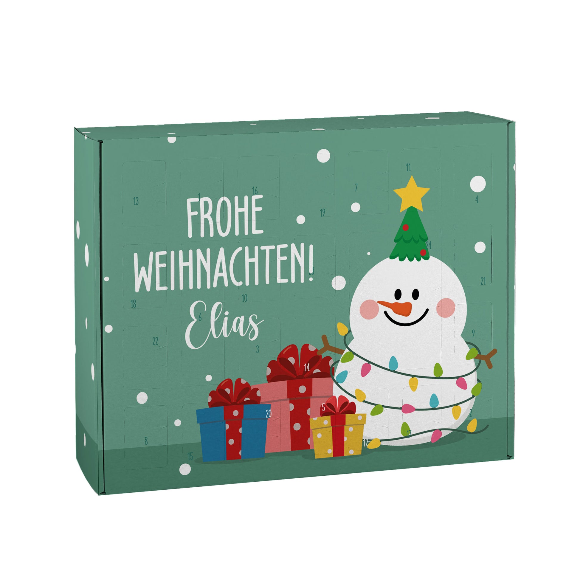 Produktfoto Adventskalender Schneemann Frohe Weihnachten mit Name, buntes Weihnachtsmotiv