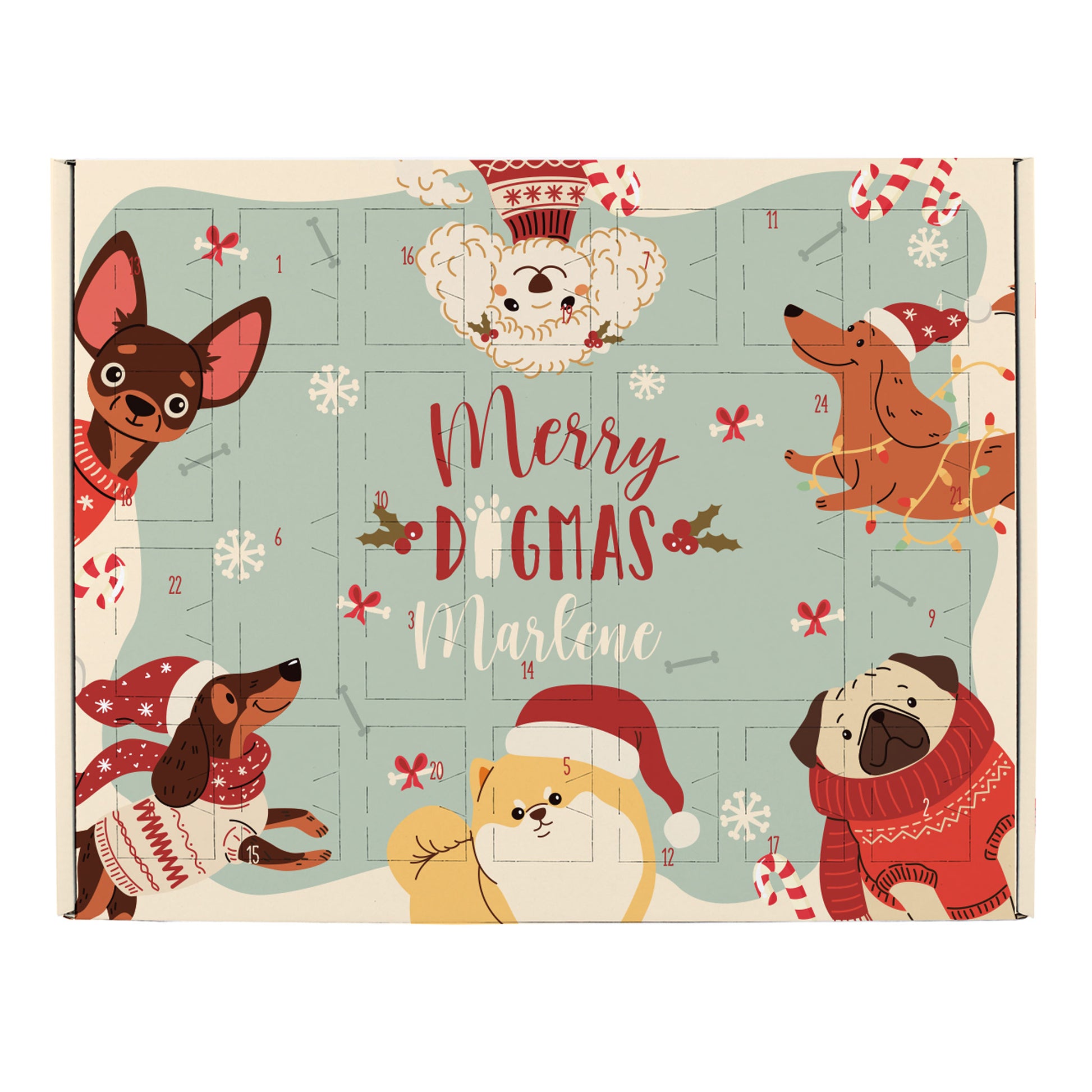 Frontansicht Adventskalender „Merry Dogmas“ mit Hundemotiven und Wunschnamen