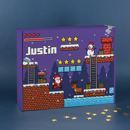 Personalisierter Adventskalender mit Name Justin im 8-Bit-Stil für Gamer und Retro Gaming Fans