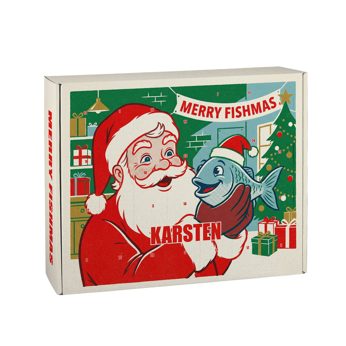 Adventskalender für Angler mit Name Karsten und humorvollem Merry Fishmas Weihnachtsmotiv