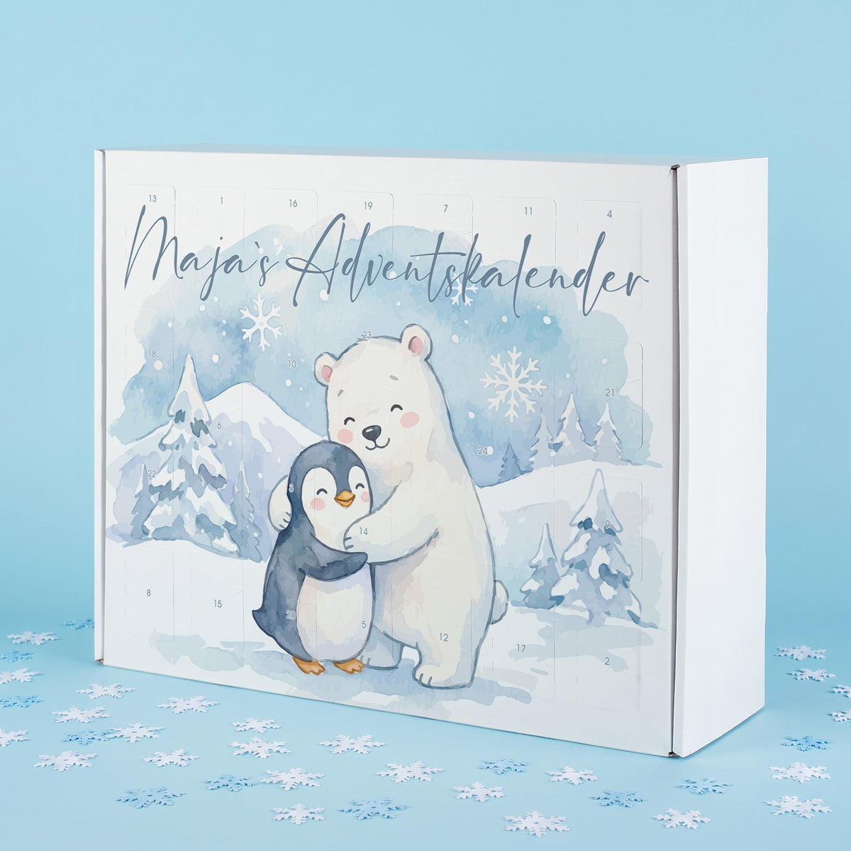 Personalisierter Adventskalender mit Wunschtext, Eisbär und Pinguin Motiv in winterlicher Landschaft