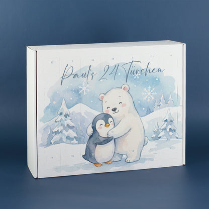 Adventskalender mit Eisbär und Pinguin Motiv und persönlichem Wunschtext zum Befüllen