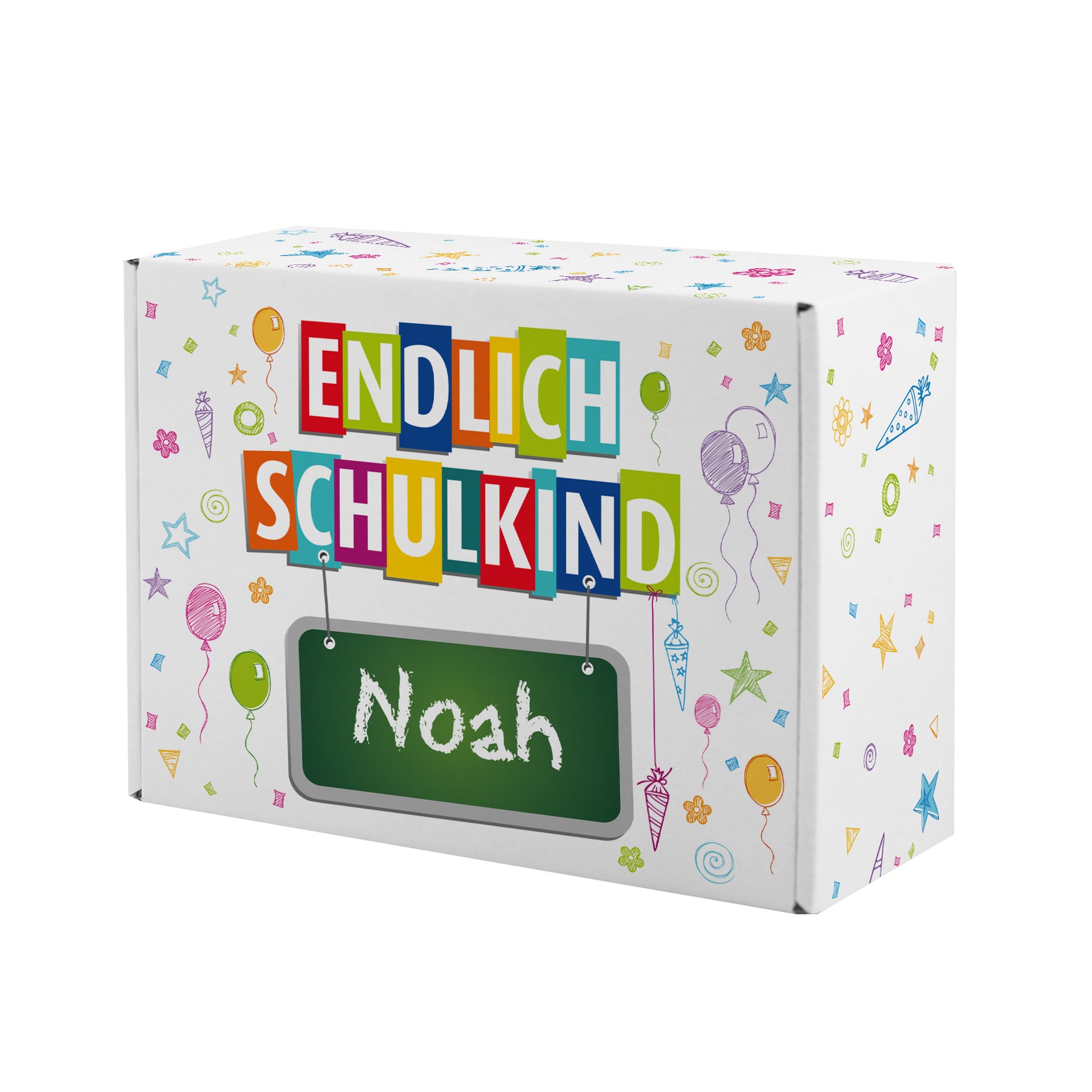 Weißer kleiner Karton zur Einschulung mit "Endlich Schulkind" Motiv und Name bedruckt