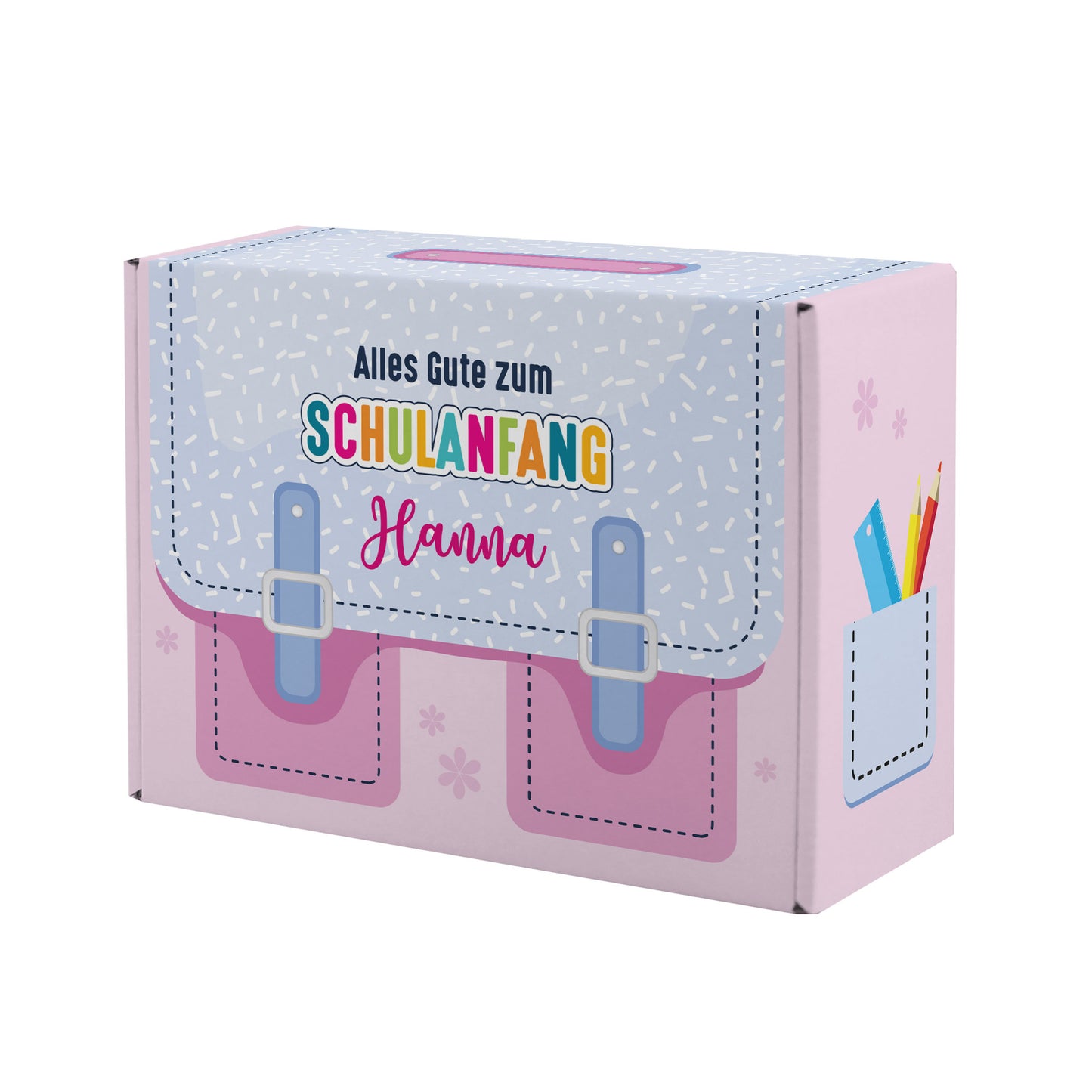 Kleine rosa Geschenkverpackung zur Einschulung im Schulranzen-Design mit Name personalisiert