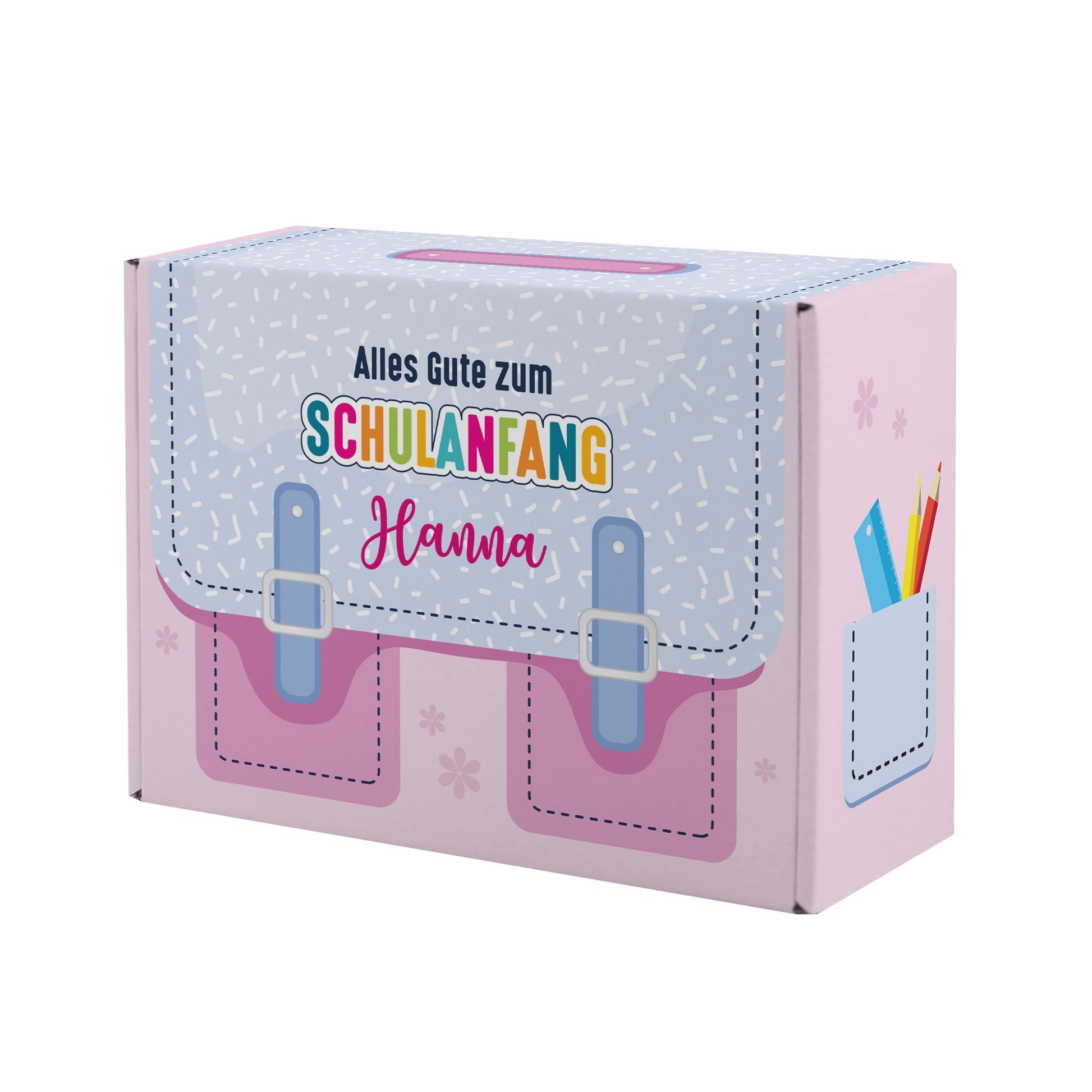 Kleine rosa Geschenkverpackung zur Einschulung im Schulranzen-Design mit Name personalisiert