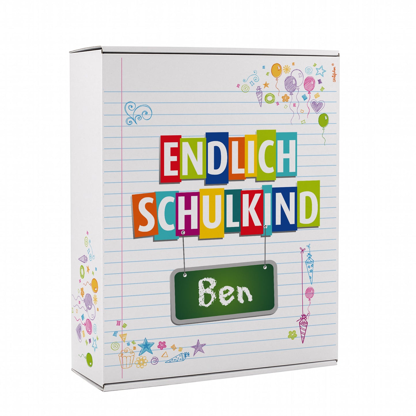 XL Geschenkkarton mit Wunschname und buntem "Endlich Schulkind" Motiv