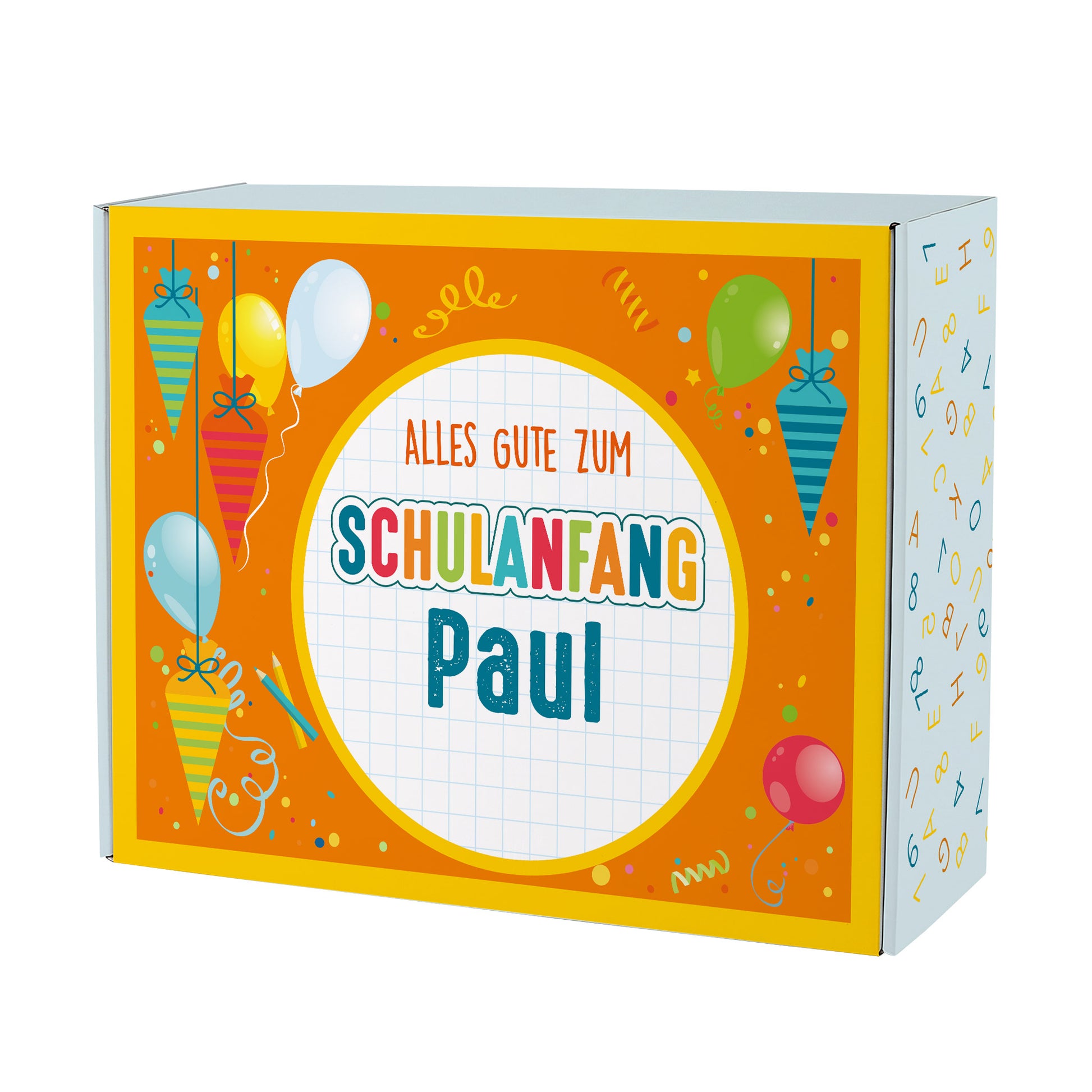 Große Pappbox mit Wunschname und farbenfrohem Motiv aus Schultüten, Luftballons und Konfetti