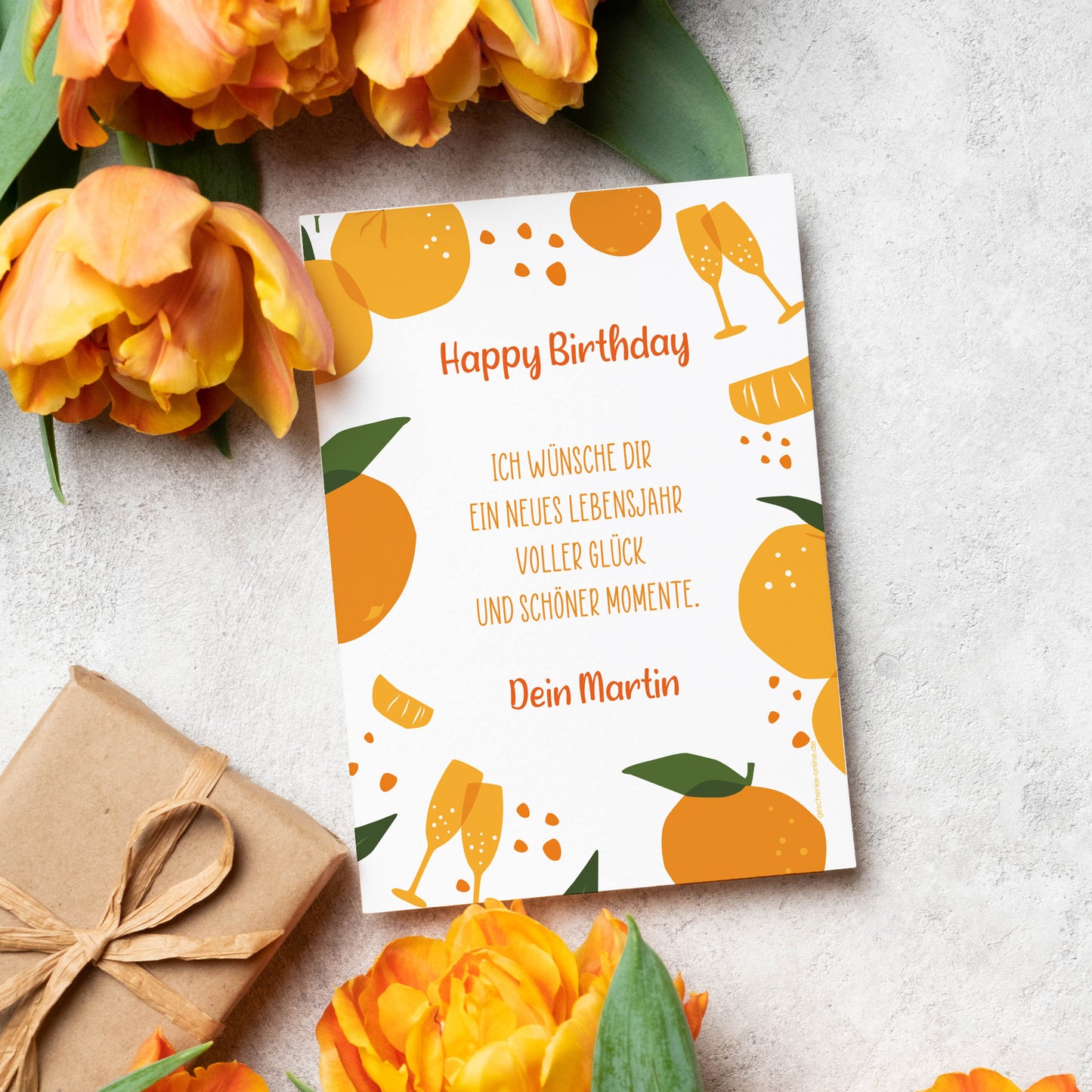 Glückwunschkarte Geburtstag mit Orangen und Sektgläsern im sommerlichen Design