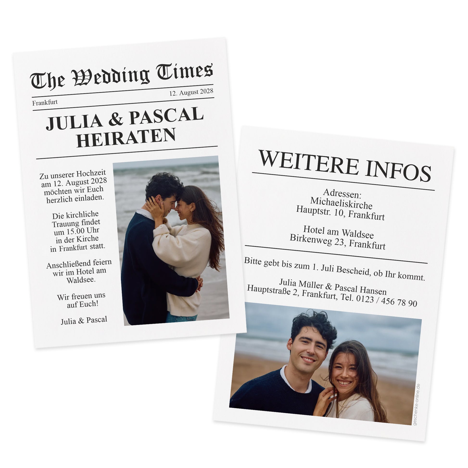 Hochzeitseinladung im Zeitungsstil „The Wedding Times“ mit Foto und Namen, Vorder- und Rückseite sichtbar