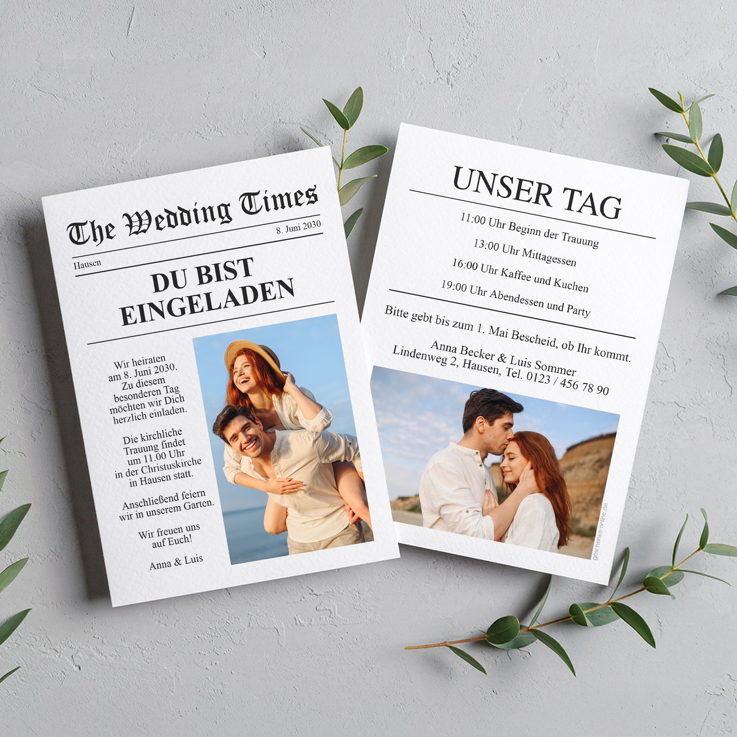 Zweiteilige Ansicht der personalisierten Hochzeitskarte im Zeitungslook mit Foto, Text und Infoseite „Unser Tag“