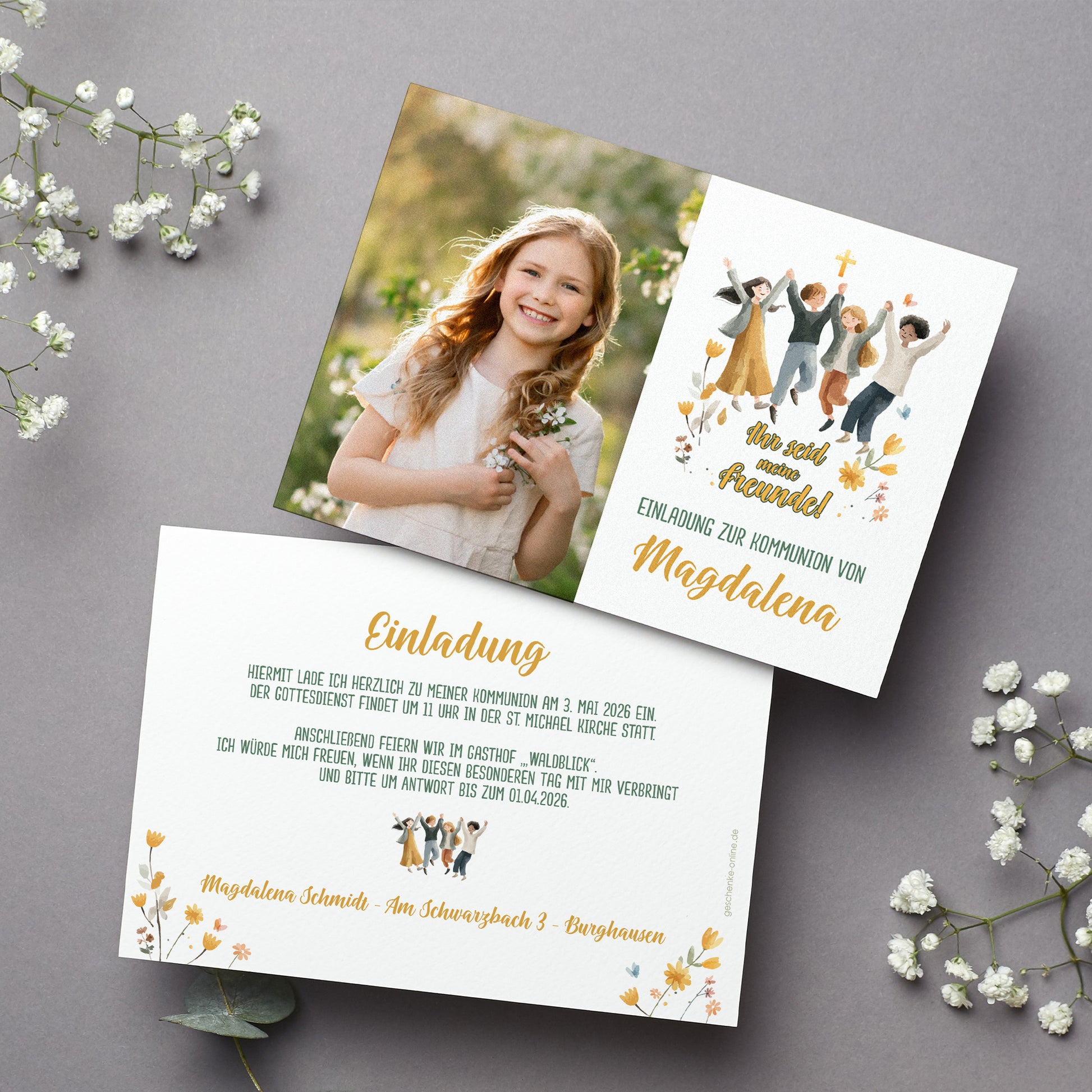 Vorderseite Kommunion Einladung „Ihr seid meine Freunde“ – Motiv mit Kindern, Kreuz und Name