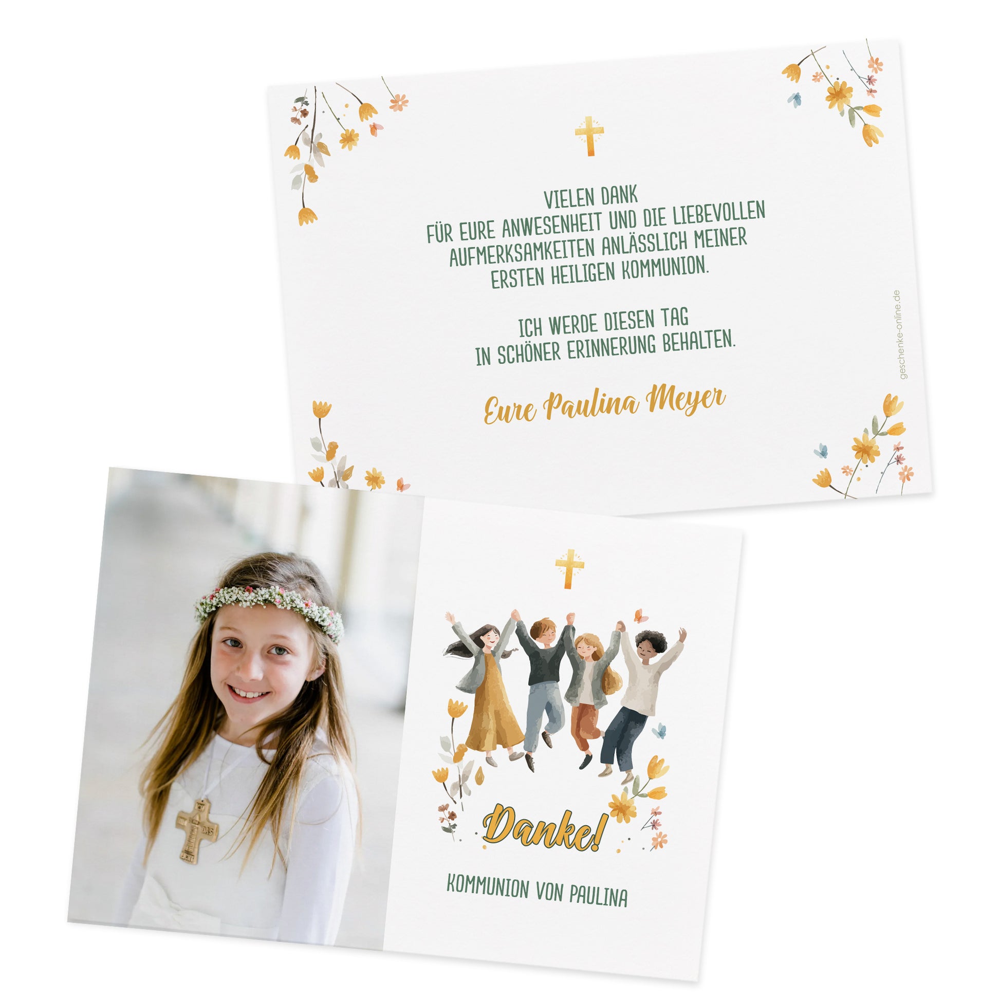 Kommunion Danksagungskarte A6 – Vorderseite und Rückseite mit Foto, Dankestext, Kreuz und floralen Elementen