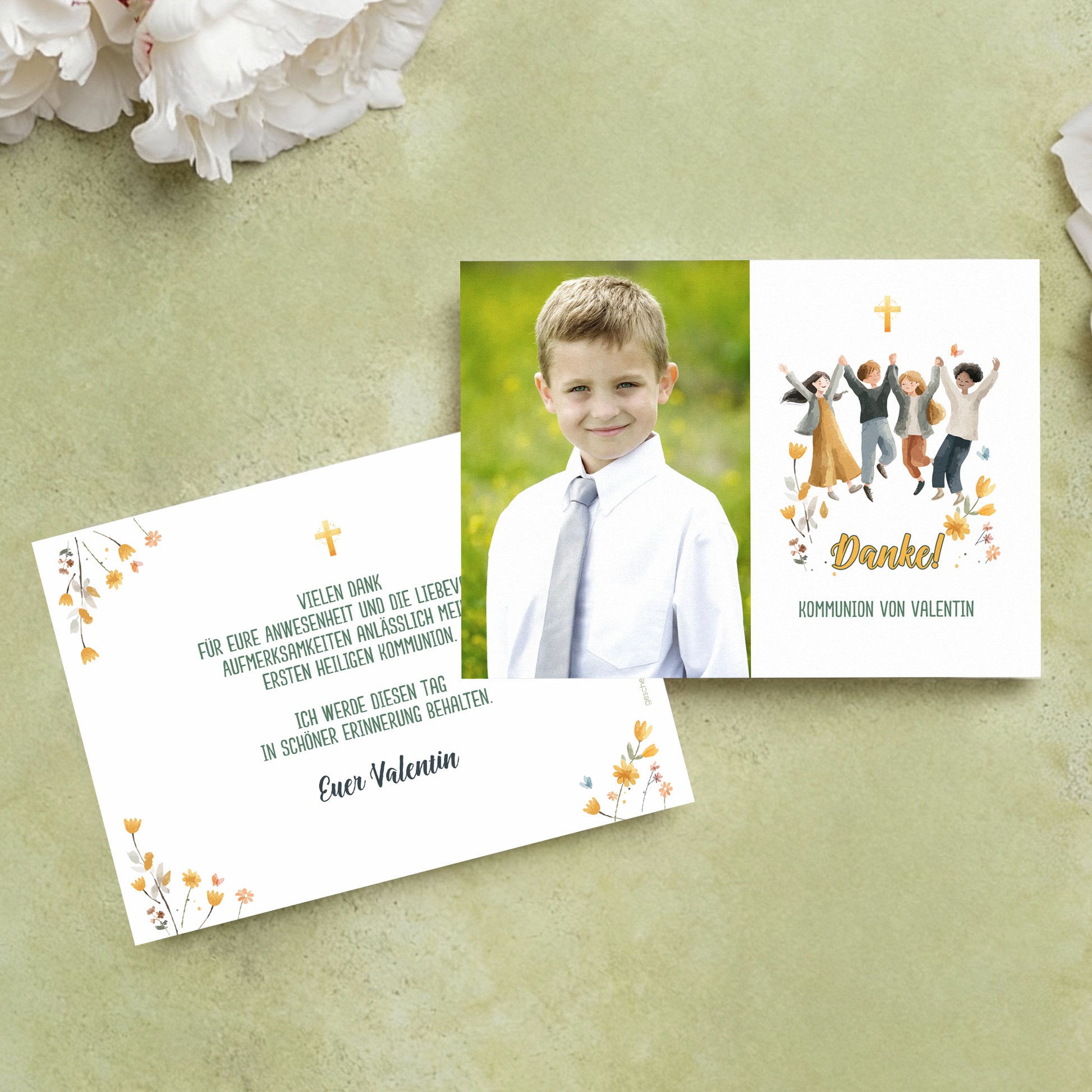 Postkarte Danksagung Kommunion – Vorderseite mit Foto und Rückseite mit Dankestext