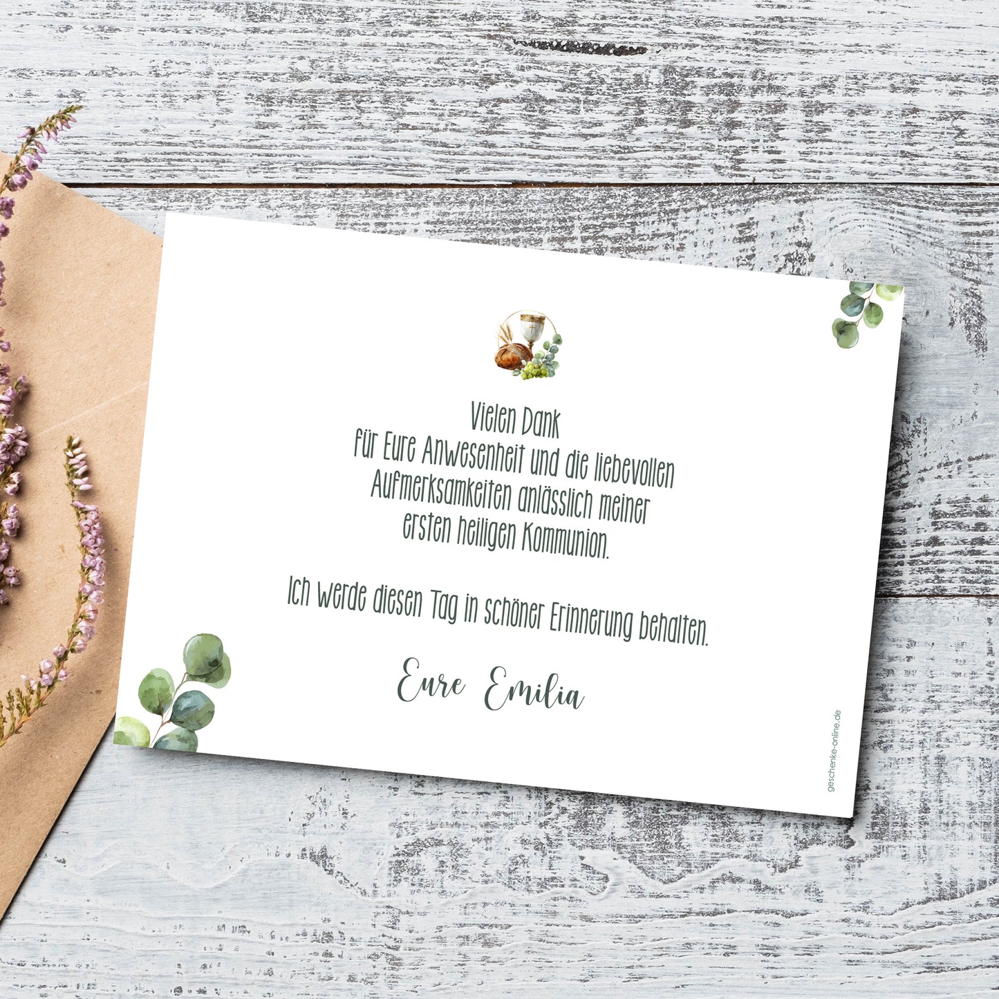 Rückseite einer Dankeskarte zur Kommunion mit individuellem Danksagungstext im A6-Format