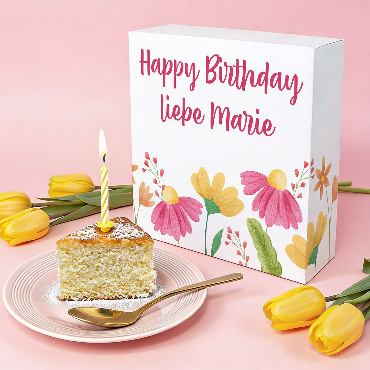 Personalisierter Kuchen mit Wunschtext & Blumenmotiv als Geschenk –